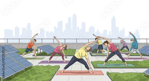 Urban Rooftop Yoga Class with Solar Panels and City Skyline