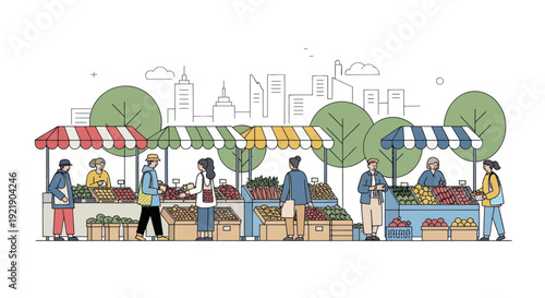People shopping at outdoor farmers market with fresh produce and city skyline background