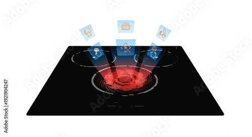 Modern induction cooktop with smart technology and glowing red surface, kitchen appliance with wireless icons, electric stove with innovative features