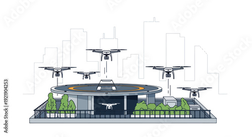 Drone delivery hub with autonomous vehicles and cityscape background