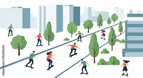 Urban skateboarders enjoying a sunny day in a modern city park with trees and buildings.