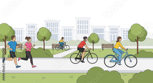 Active people enjoying outdoor recreation in a city park with bicycles and running