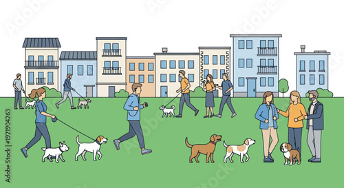Diverse people walking dogs in a city park with apartment buildings background