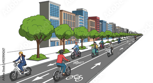 Urban Commute: Diverse Cyclists on Electric Bikes and Scooters in City Street