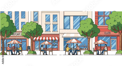 People enjoying coffee at outdoor cafe tables on a city street with buildings and trees
