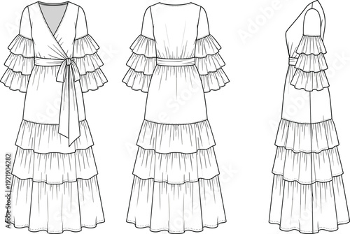 Tiered Ruffle Wrap Dress Fashion Technical Sketch, Cad Drawing Flat Vector Illustration, V-Neck Maxi Gown, Front Back Side View Template