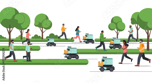People Running Alongside Autonomous Delivery Robots in a Green Park