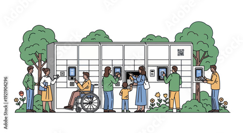 Diverse people using smart lockers and self-service kiosks in a park setting.