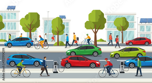 Sustainable City Street with Electric Cars, Solar Panels, and Pedestrians