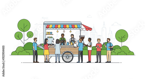 People Queueing at a Vibrant Food Truck in a Park, Cityscape Background