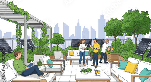 Green Rooftop Oasis: People Relaxing Amidst Solar Panels and Urban Skyline