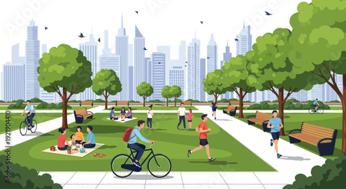 Urban park leisure, people enjoying nature and city skyline, outdoor recreation
