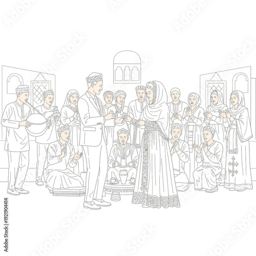 Ethiopian wedding celebration with music and family in outline style
