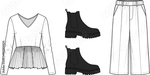 Technical CAD flat fashion vector illustration of a women's V-neck pleated peplum top, high-waisted wide-leg trousers, and chunky Chelsea boots.