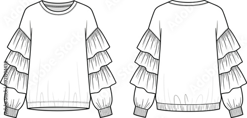 Technical CAD flat fashion vector illustration of a women's crew neck long sleeve sweatshirt with tiered ruffle cuffs and elasticated hem.
