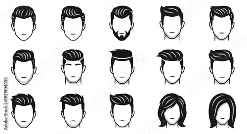Collection of Diverse Male and Female Hairstyles and Haircuts.