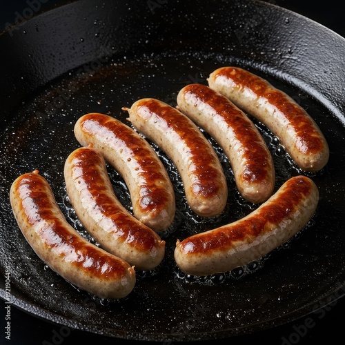 Hearty breakfast preparation featuring several thick, plump sausages actively sizzling in hot grease on a dark, rustic cast iron skillet, breakfast, homemade, juicy