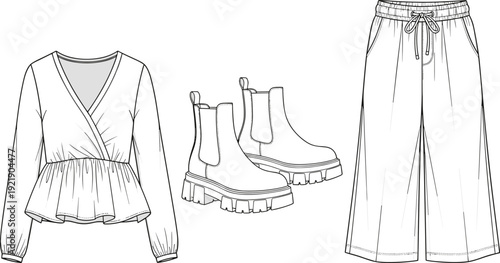 Technical CAD flat fashion vector illustration of a women's long sleeve V-neck peplum top, drawstring wide-leg trousers, and chunky Chelsea boots.