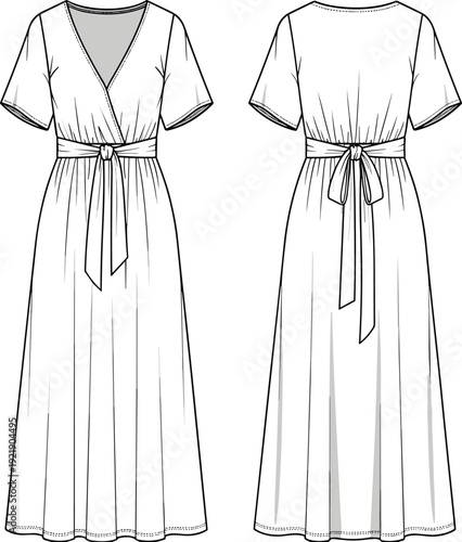 Technical CAD flat fashion vector illustration of a women's V-neck wrap maxi dress with short flutter sleeves and a waist tie.