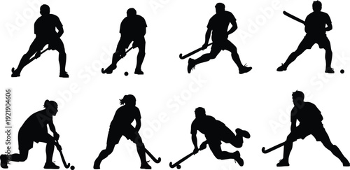 Set of field hockey player silhouettes in dynamic action poses isolated on white background illustration