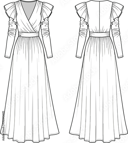 Technical fashion sketch of a long sleeve wrap maxi dress with ruffled shoulders and pleated skirt, cad drawing flat vector illustration