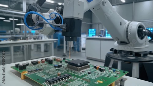 Automated Robotic Arm Assembling Circuit Board in Modern Electronics Factory.