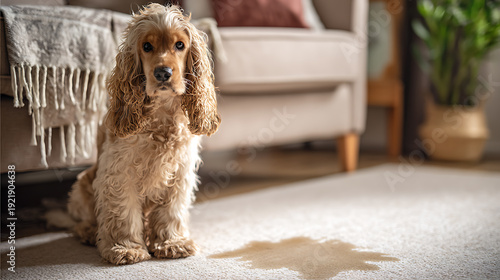 Adorable Cocker Spaniel sits patiently on a light-colored carpet indoors, an accidental liquid spill stains the rug in the foreground, highlighting pet behavior