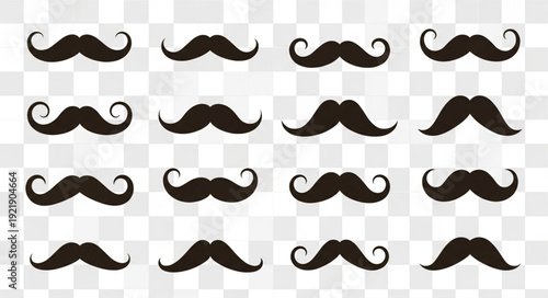 Collection of various black mustache styles on a transparent background.