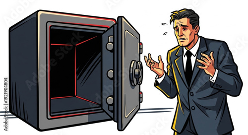Man in Suit Shocked by Empty Safe.