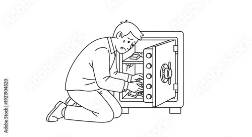 Man kneeling by open safe looking for something inside.