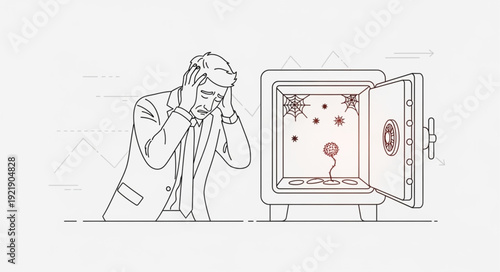Man looking distressed at empty safe with a single coin.