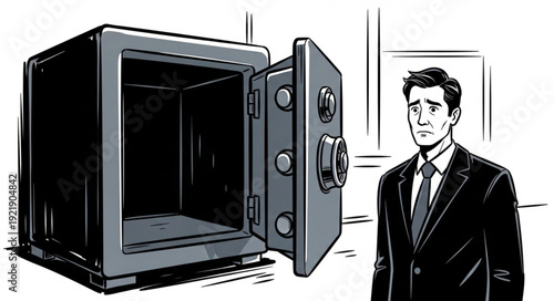 Man looks at empty safe with worried expression.