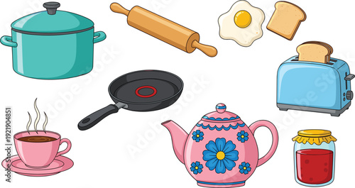 Collection of colorful kitchen utensils and breakfast food icons isolated on white background illustration