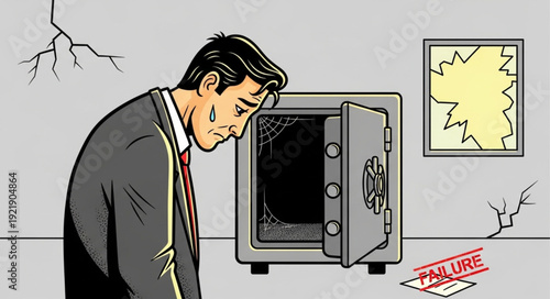 Man looks down at empty safe with disappointment.