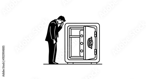 Man looks into empty safe with concern.