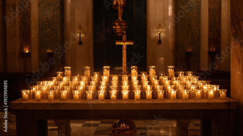 Numerous votive candles glow warmly in a dimly lit sacred space, casting a soft, reverent light on a wooden altar with a golden cross in a church
