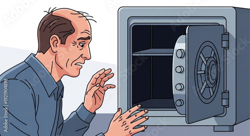Man looks into an empty safe with surprise and concern.