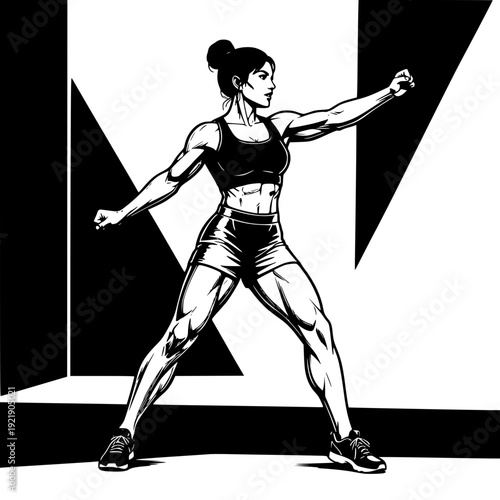 Powerful athletic woman in high-intensity workout pose: Design for fitness app interfaces, gym promotional banners, or sports motivation posters. Transparent background SVG version.
