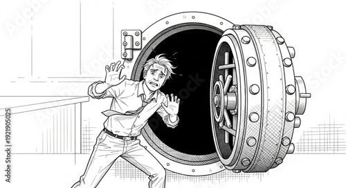 Man peeking into an open bank vault door.