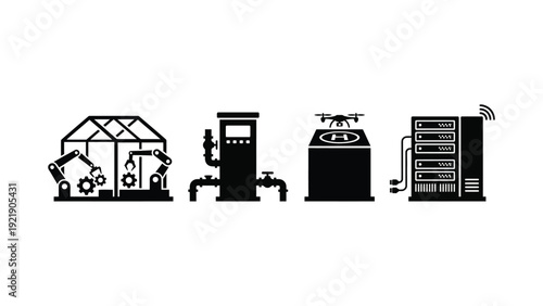 Industrial Equipment Icons Set with Factory, Gas Pump, Furnace and and Server