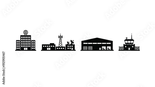 Industrial Cityscape Silhouette with Factory Buildings and Ship