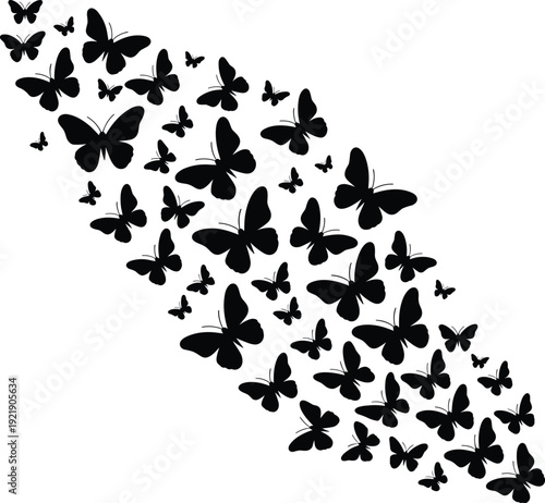 Black butterfly silhouette swarm vector illustration isolated on white background, decorative flying insects wall art design collection