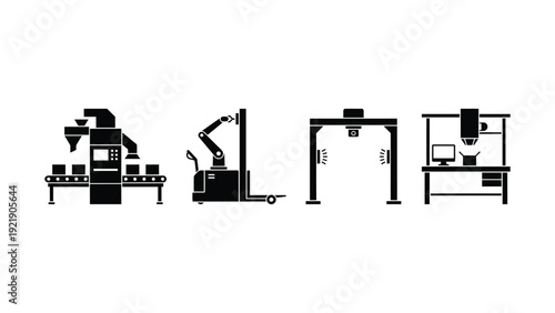 Industrial Machinery Silhouettes on White Background