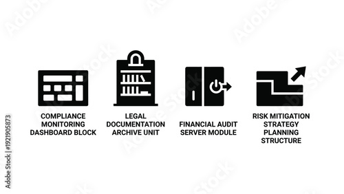 Business Compliance Icons Set with Legal Documentation, Financial Audit, and Risk Mitigation Strategy