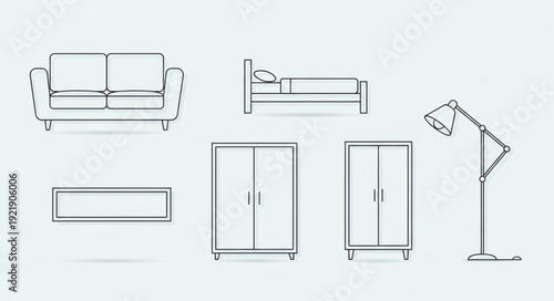 Collection of furniture line art drawings on a light background.