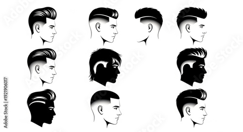 Collection of diverse male hairstyles and haircuts shown in profile.