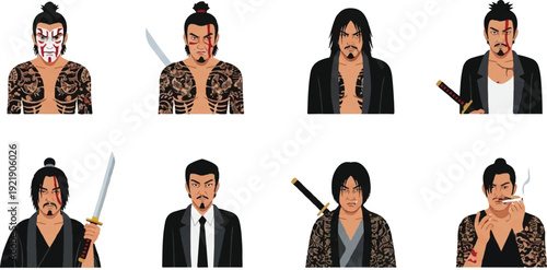 Stylized portraits of diverse men with swords vectors for design projects