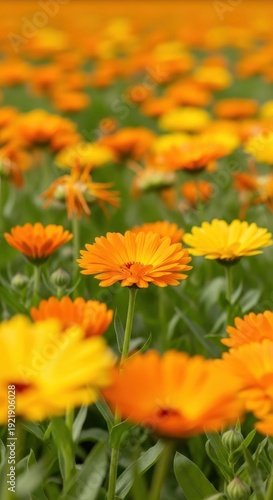 Vibrant field of blossoming orange and yellow calendula flowers basking in the bright, golden light of a warm, idyllic summer day, beauty, growth, orange