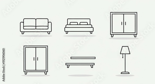 Set of simple line art furniture icons for home interior design.