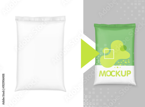 Vertical big heavy pillow bag mockup for potting soil for agriculture, gardening. Hight realistic vector illustration isolated on white and grey background. Can be use for template your design. EPS10.
